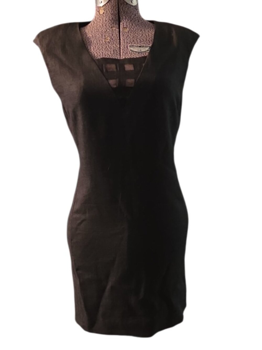 50's-60's MCM Mid Century Modern Black Linen Shift Dress W/Lattice Details OOAK